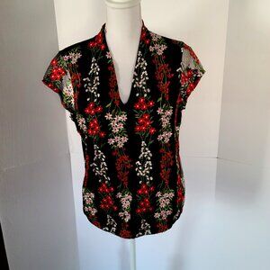 LIZ CLAIBORNE CAREER EMBROIDERED PULLOVER CAP SLEEVE BLACK SIZE MEDIUM